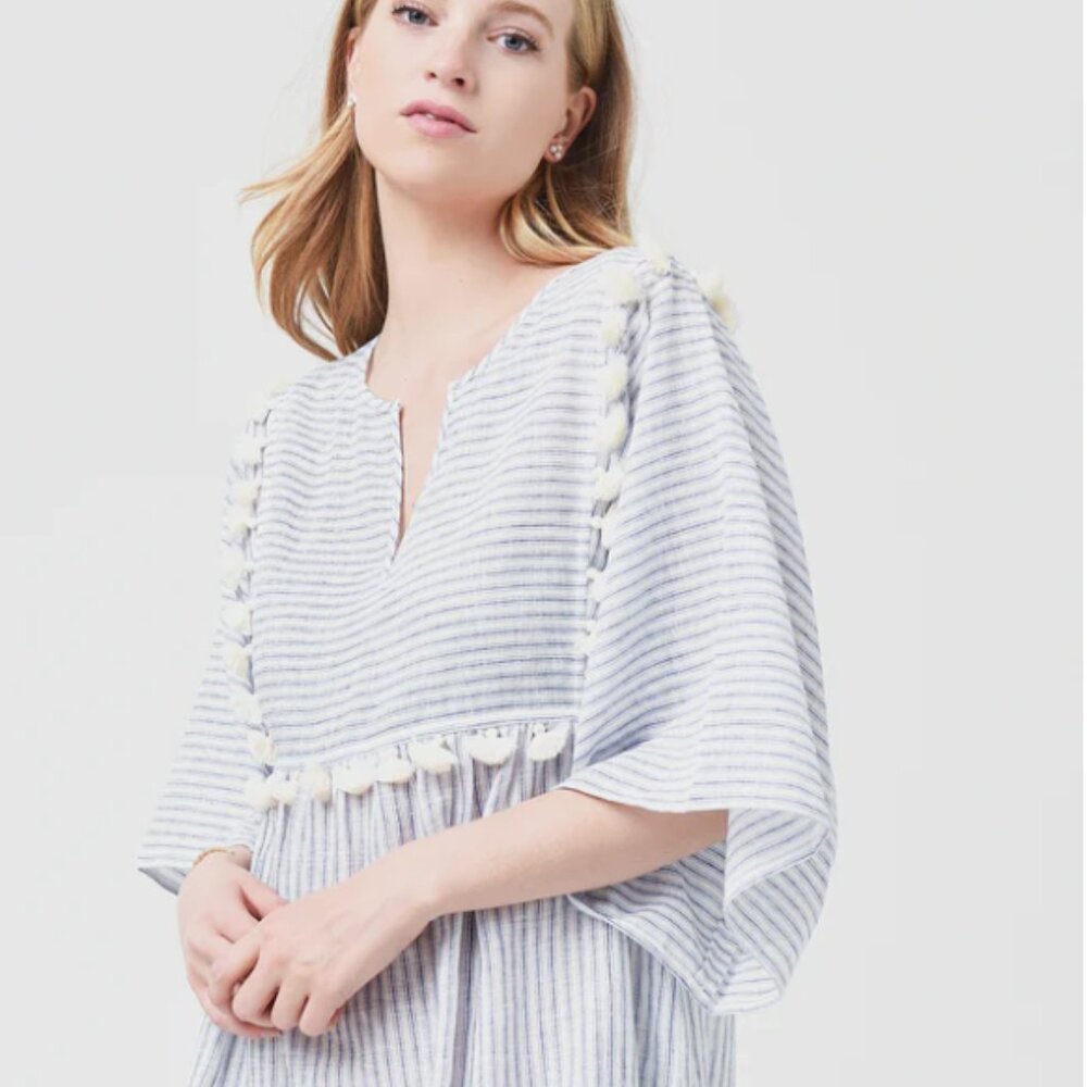 Tory Burch Women's XS Striped Tassel Midi Caftan MSRP $328 Dress In Ivory Blue - Picture 3 of 14